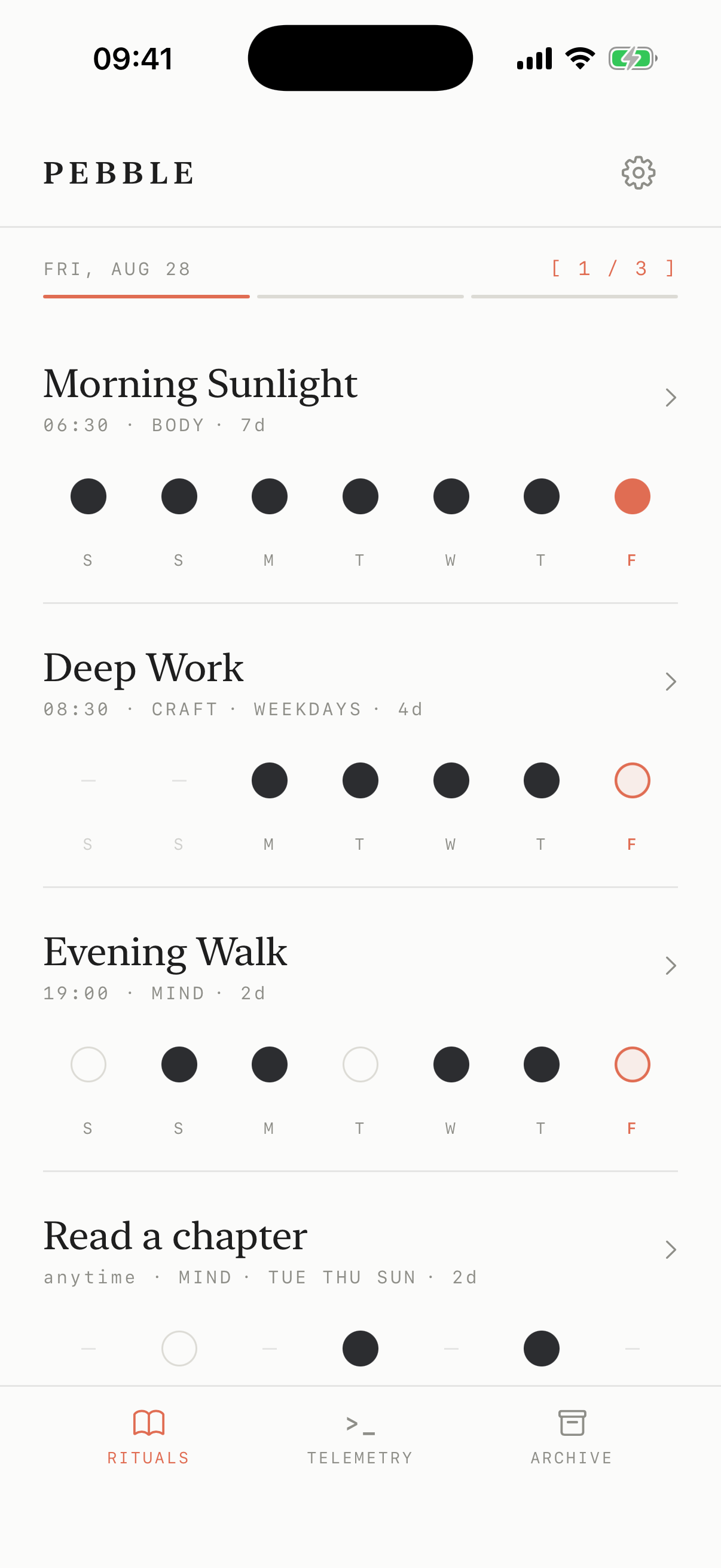 Pebble showing four rituals, each with its own weekly schedule and a row of seven pebbles